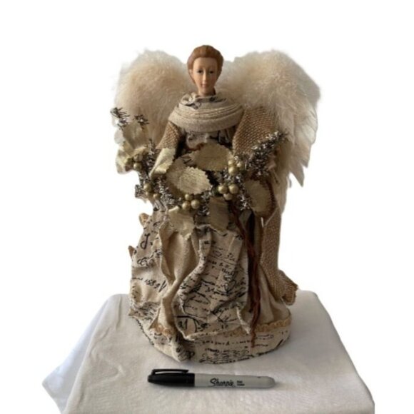 Vintage Angel Tree Topper Figurine Porcelain Head Hands Feather Wings Beige 14" - Picture 1 of 9